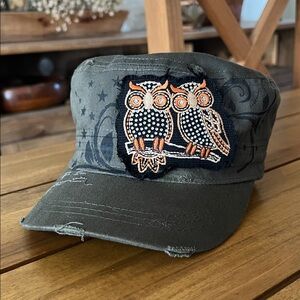 Wild Wear jeweled Owl distressed cadet hat adjustable olive